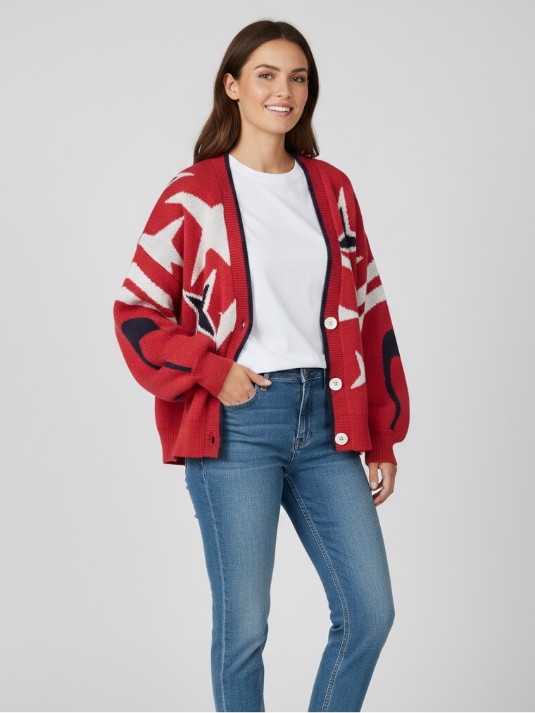 G-Star Women’s Knit Holiday Loose Cardigan Red And White Star Patterned